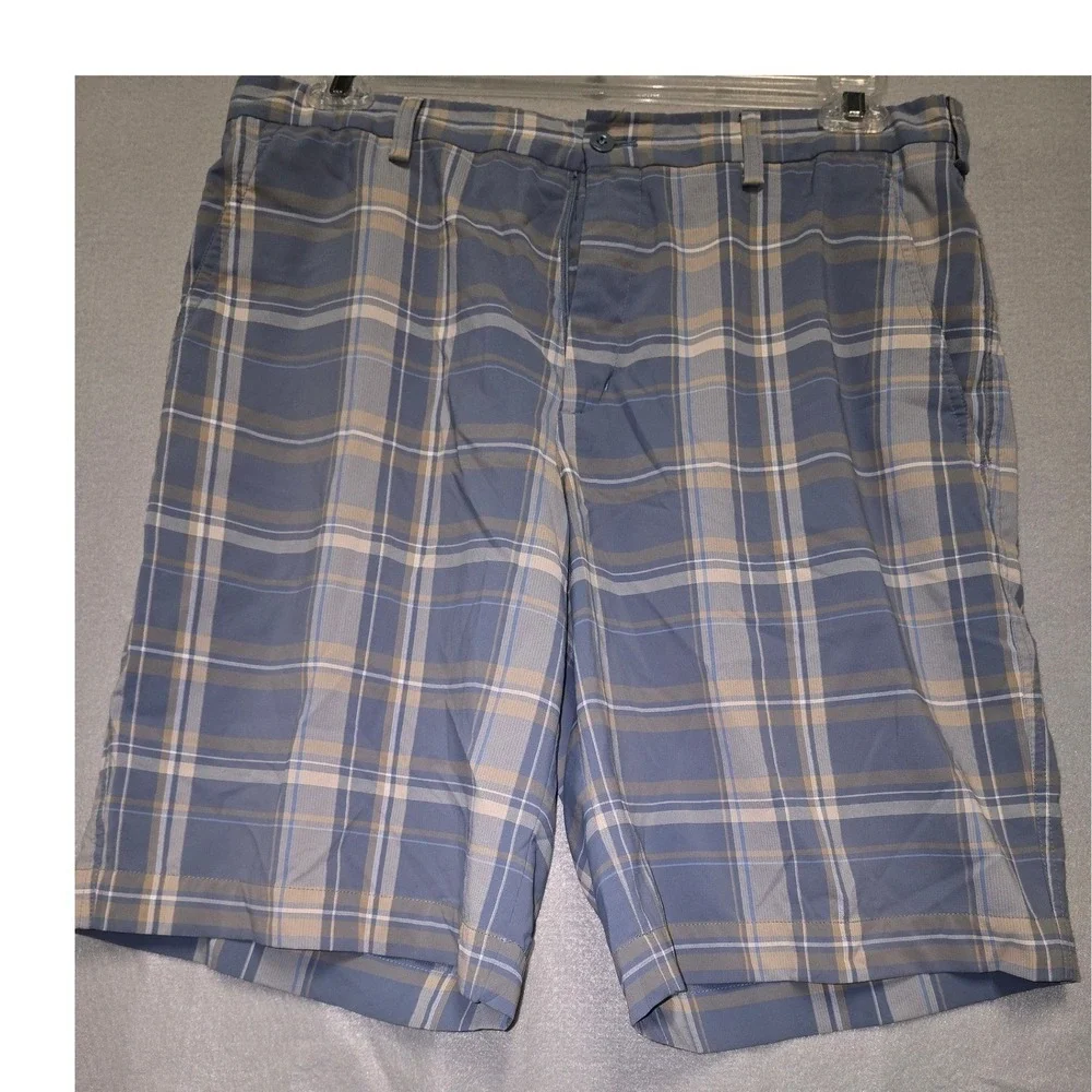 Nike Golf Plaid Shorts Men 34 Blue Beige Flat Front Dri Fit